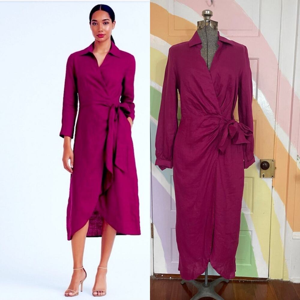 ✨Magaschoni 100% Linen Wrap Side Tie Magenta Collared Midi Dress Sz 6
